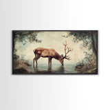 Elk Drinking Water In The Forest, Framed Canvas Print, Nature Art, Rustic Cabin Decor, Modern Farmhouse Wall Art