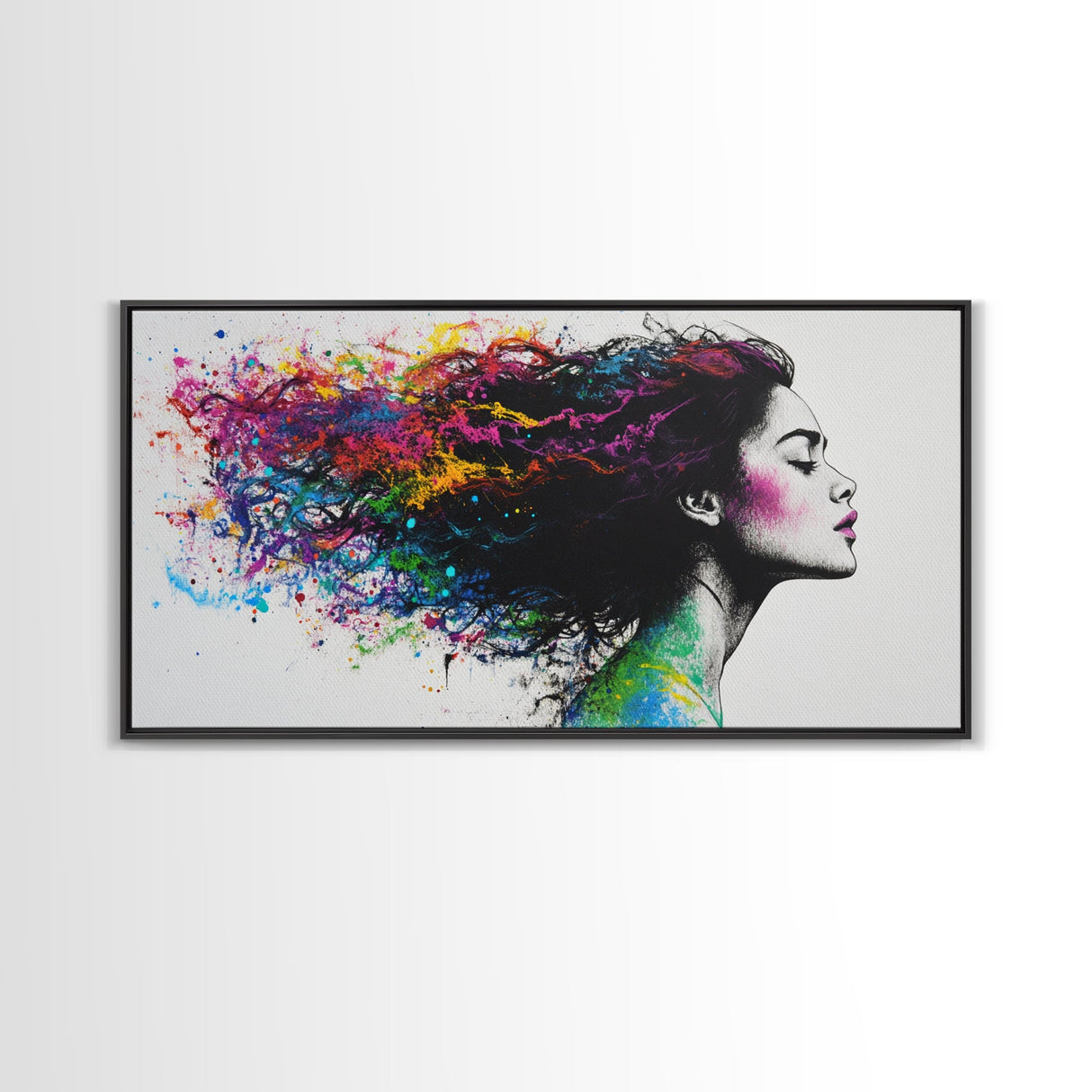 She Has Rainbow Waves in Her Flowing Hair - Portrait of a Woman - Framed Canvas Print - Pop Art - Loft Decor - Statement Piece Art