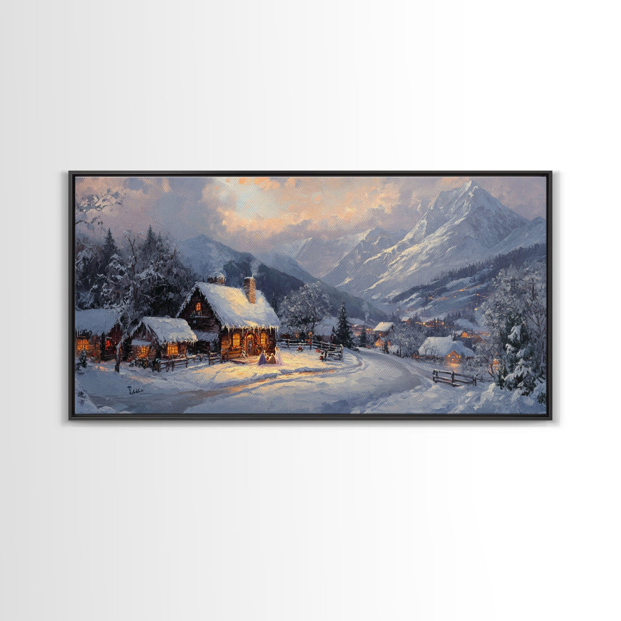 Christmas Mountain Village Oil Painting Print, Framed Canvas, Retro Christmas, Christmas Mountain Landscape Painting, Christmas Art