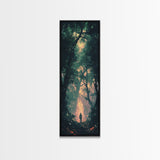 Forest at Dusk Painting Framed Canvas Print Long Narrow Wall Art, Rustic Decor Above Couch Art, Tall Skinny Art Gift Idea Christmas