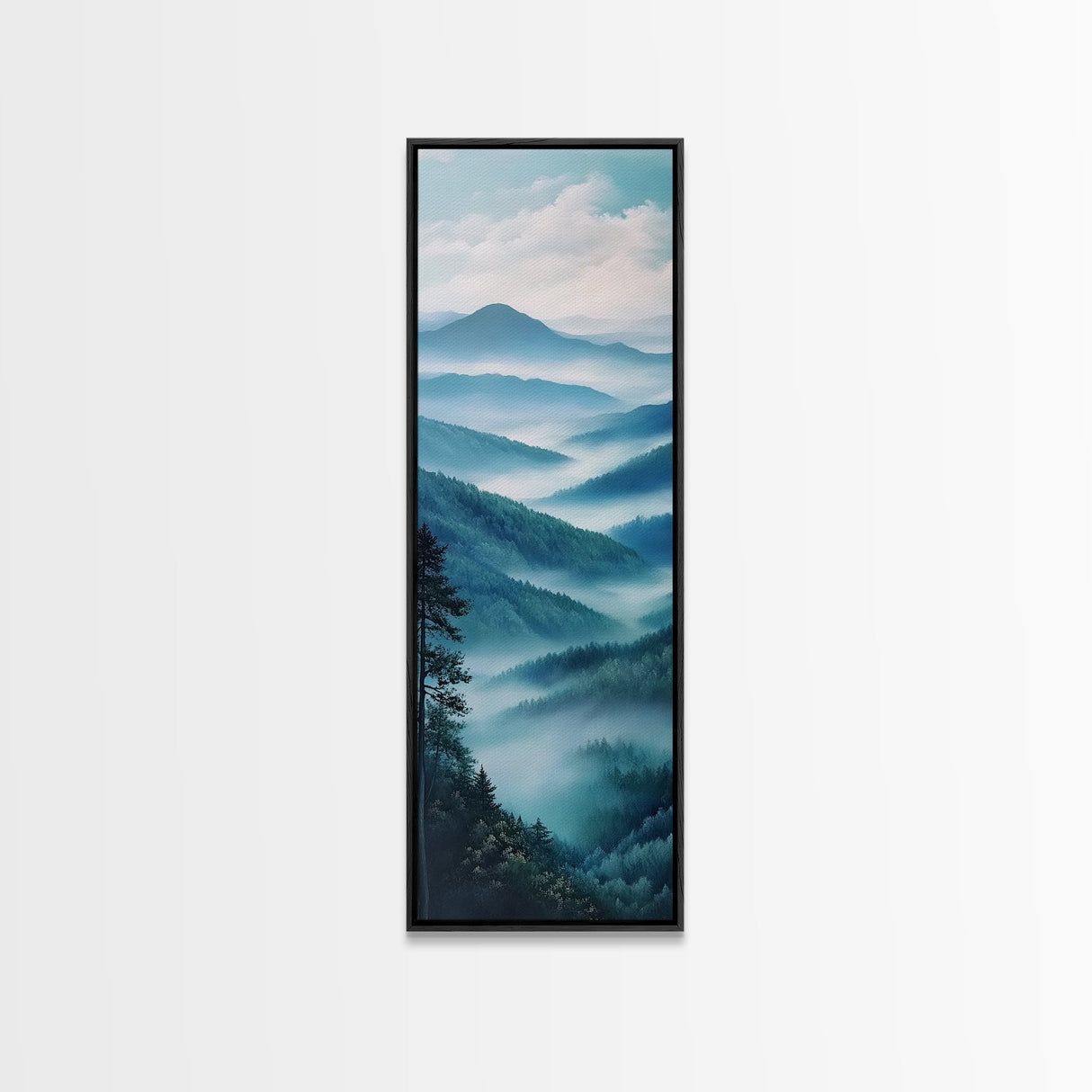 Smoky Mountain View Framed Canvas Print Serene Nature Landscape Art, Southwest Wall Art, Blue and Green Wall Art, Bedroom Art, Above Couch Decor