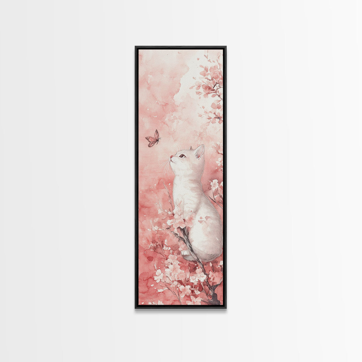 White Cat and Butterfly Canvas Print Light Pink Wall Art Cherry Blossom Painting Whimsical Art Bedroom Decor Gift Idea