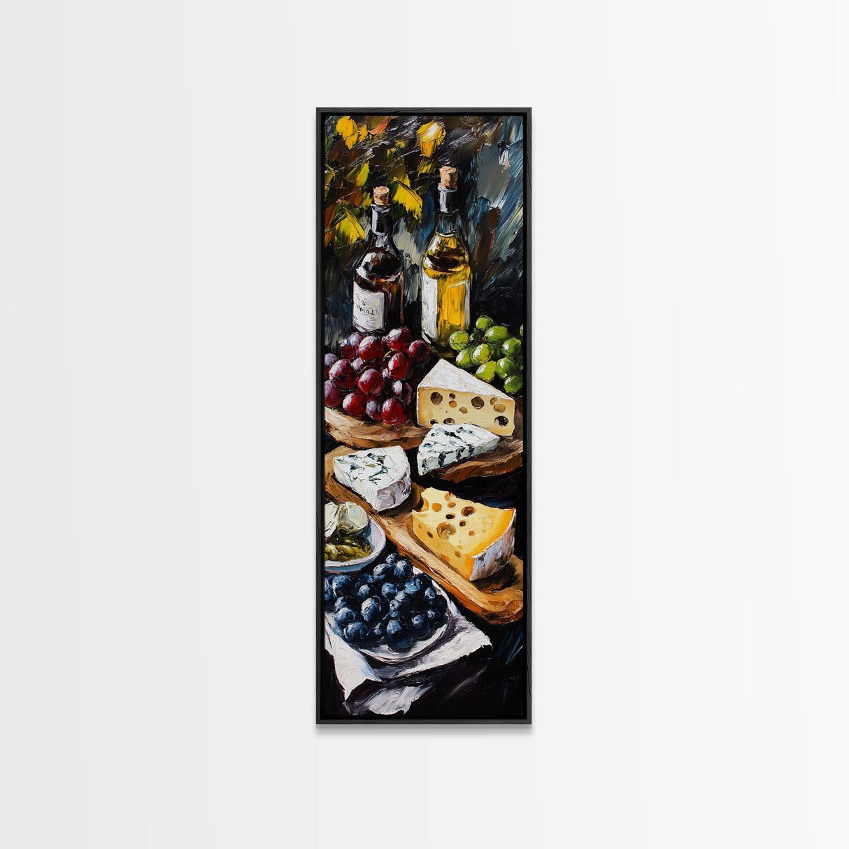 Framed Canvas Print Cheese and Wine Scene Painting Kitchen Wall Art Farmhouse Decor Rustic Art Culinary Print