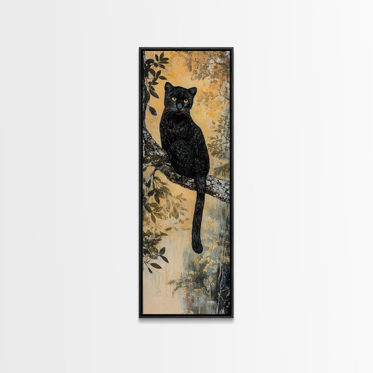 Framed Canvas Print of Black Panther on Tree Branch, Fall Animal Art, Boho Decor, Rustic Nature Art, Tall Skinny Wall Art, Living Room Piece