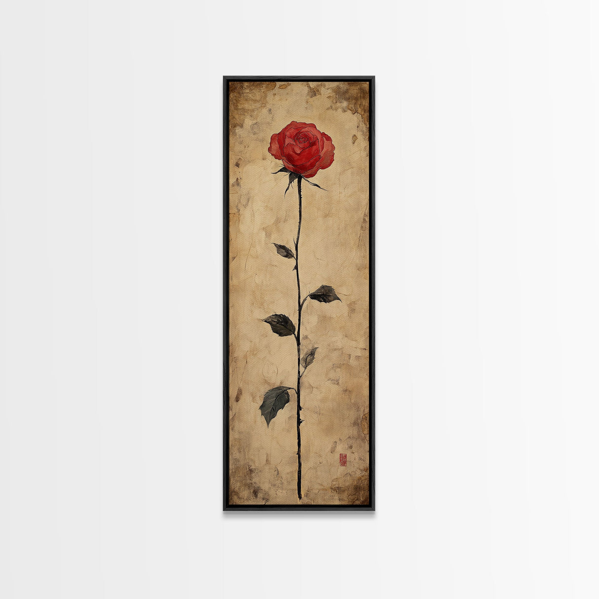 Framed Canvas Print of Elegant Red Rose, Botanical Art, Rustic Wall Art, Gift Idea, Minimalist Nature Art, Above Bed Wall Art