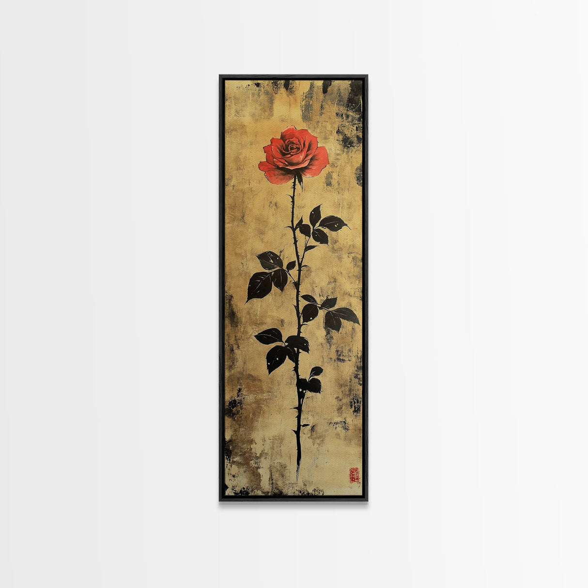 Golden Background Rose Art Canvas Print, Elegant Rose with Dark Leaves, Chinoiserie Style Wall Art, Framed Canvas Print, Gift Idea Her