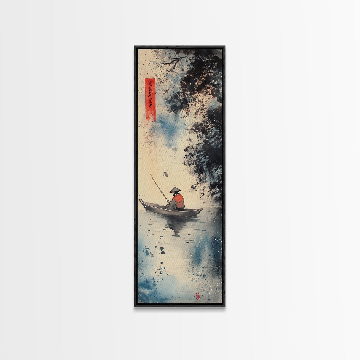 Fisherman in Boat Painting Canvas Print, Japanese Fishing Scene, Coastal Wall Art, Nautical Decor, Tall Narrow Art, Framed Canvas Print, Coastal Decor