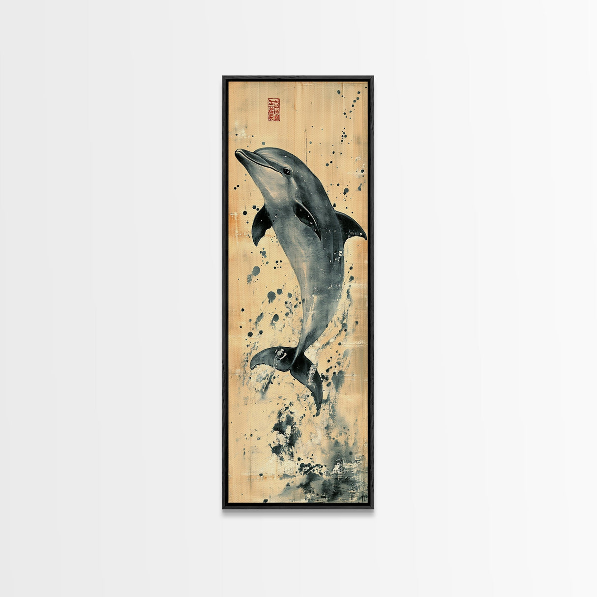 Framed Canvas Print Rustic Dolphin Art Coastal Decor in Nautical Theme, Minimalist Coastal Wall Art, Beach Living Room or Guest Room Decor
