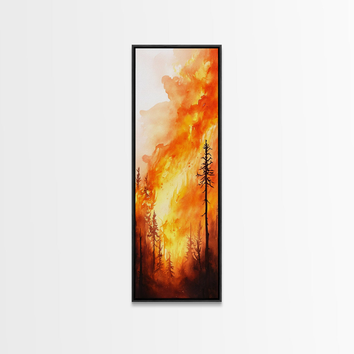 Sunset Blaze in Forest Framed Canvas Print – Dramatic Wall Art, Fiery Forest, Moody Scene, Rustic Decor, Living Room Art, Tall Narrow Art
