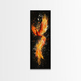 Fiery Phoenix Illustration on Black Canvas, Framed Art Option, Mystical Wall Art for Living Room, Tall Narrow Wall Decor, Mythological Art
