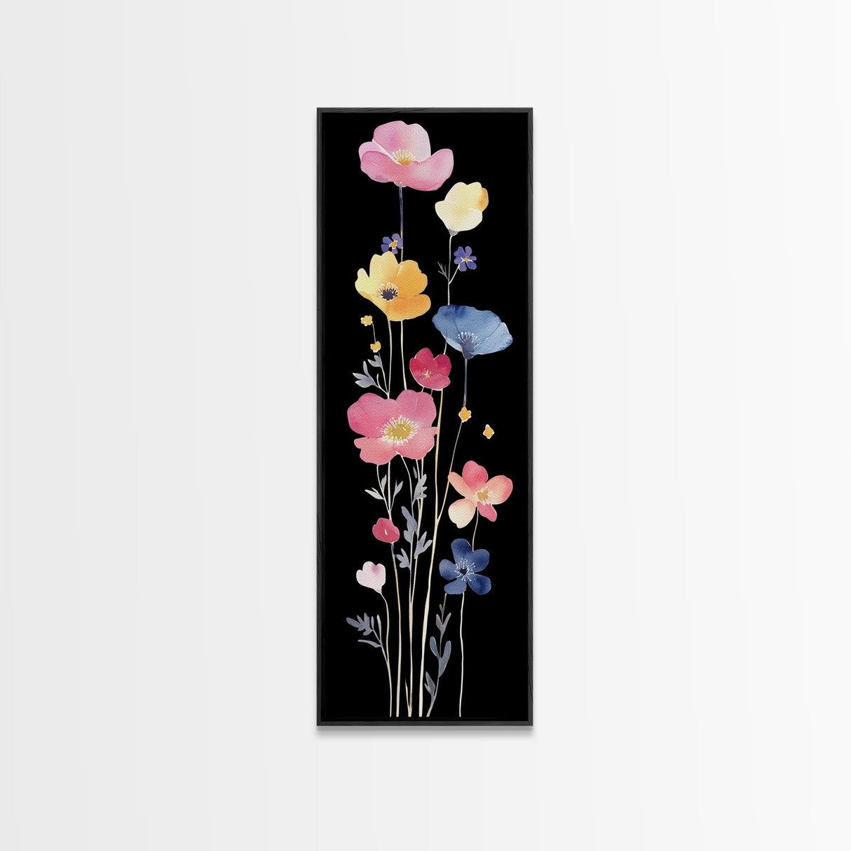 Vibrant Wildflower Watercolor Art - Framed Canvas Print with Black Background Featuring Colorful Poppy and Floral Scene