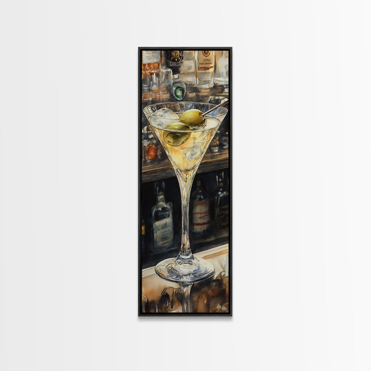 Realistic Martini Glass with Olives, Classic Cocktail Art, Bar Scene Canvas Print, Retro Kitchen Decor, Olive Martini Painting