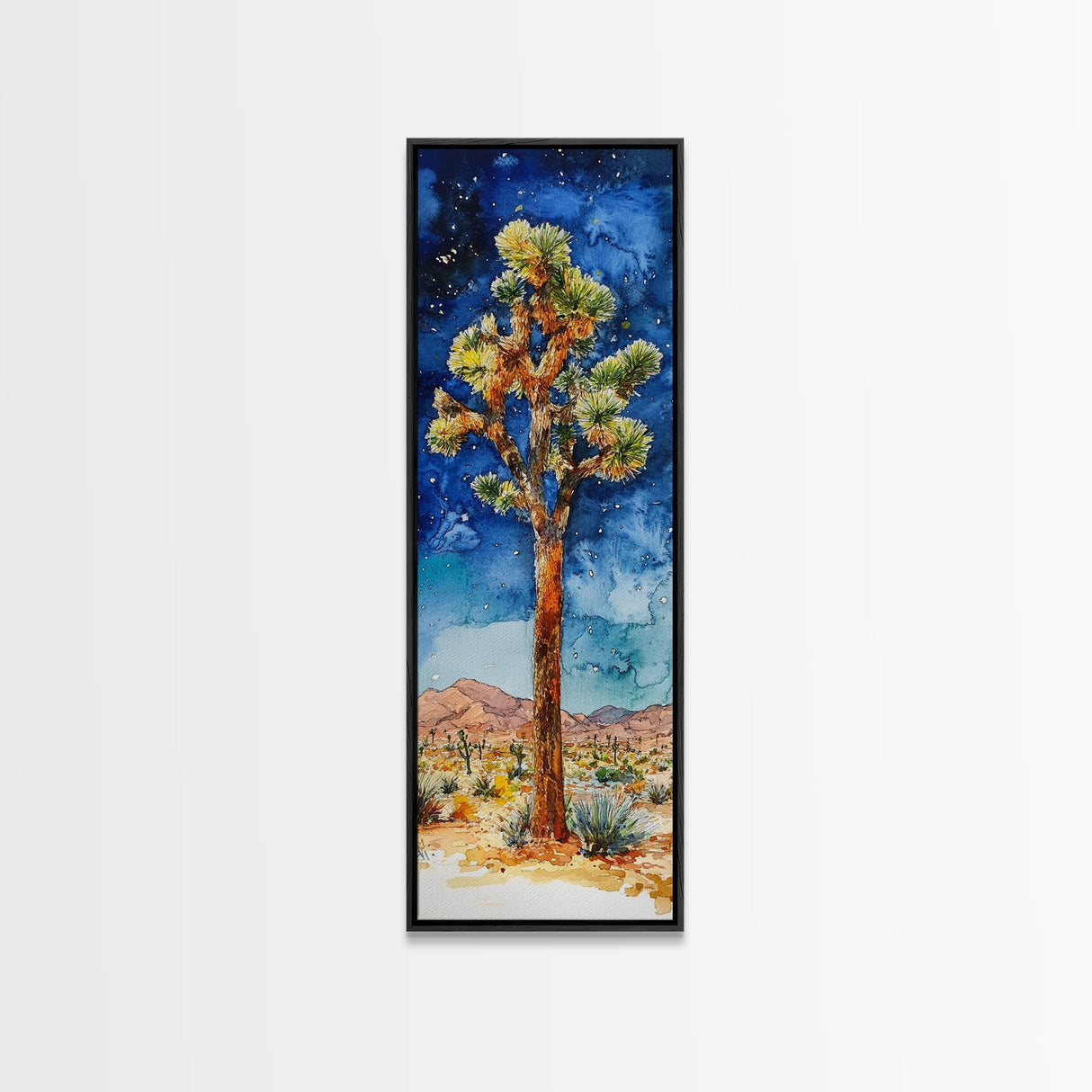 Joshua Tree Under a Starry Night Sky, Framed Canvas Print, Watercolor Landscape Painting Print, Southwestern Wall Art, Farmhouse Painting