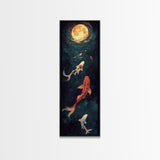 Koi Fish Under a Full Moon, Framed Canvas Print, Wabi Sabi Home Decor, Funky Boho Wall Art, Tall Skinny Art, Narrow Tall Wall Art