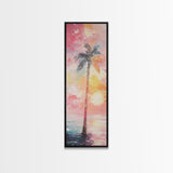 Palm Tree at Sunset Framed Canvas Print, Coastal Oil Painting, Coastal Decor, Tall Narrow Art, Accent Piece Wall Art, Coastal Landscape Art