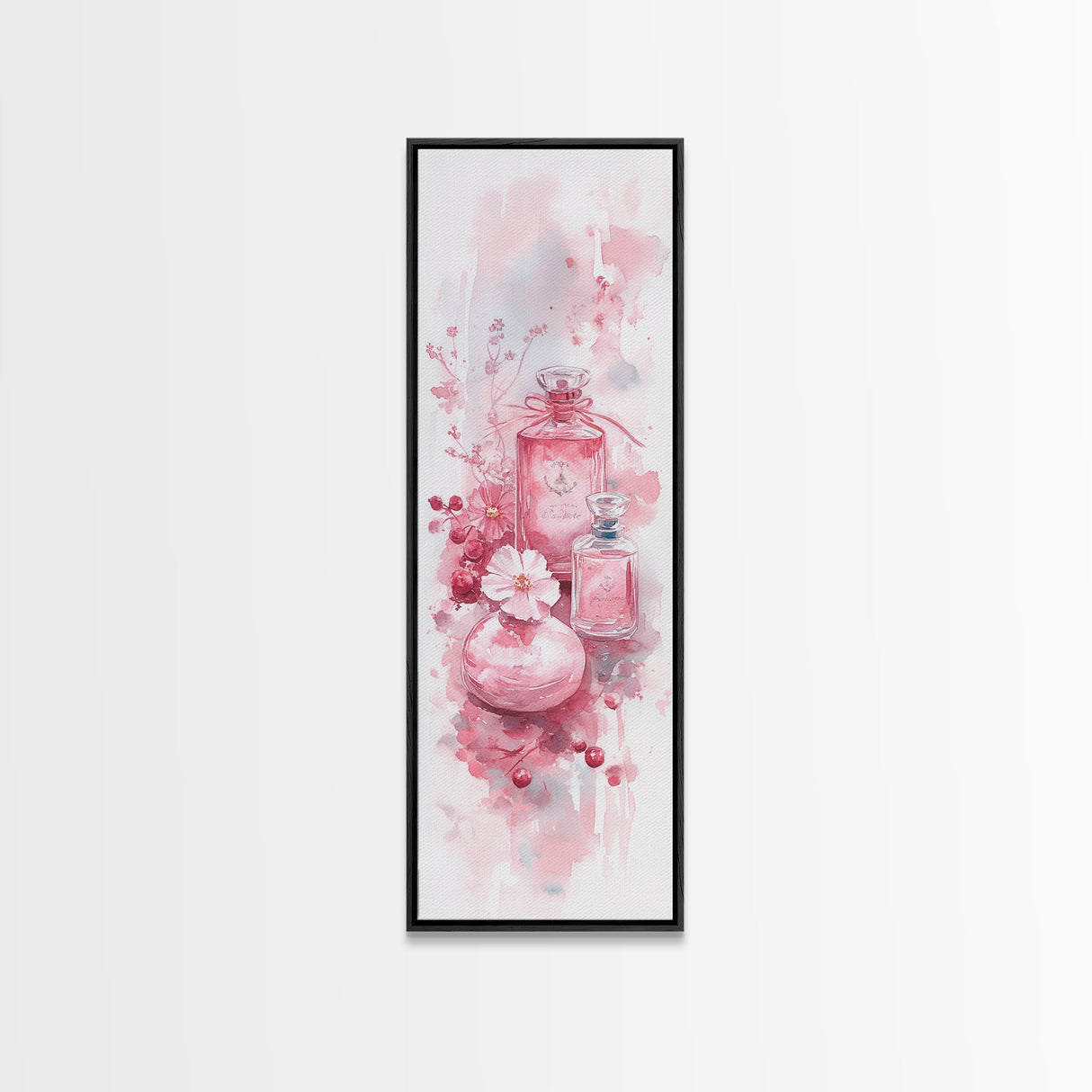 Elegant Perfume Bottles Framed Canvas Print Pink Abstract Art Wabi Sabi Decor Light Pink Bedroom Artwork Feminine Minimalist Wall Art