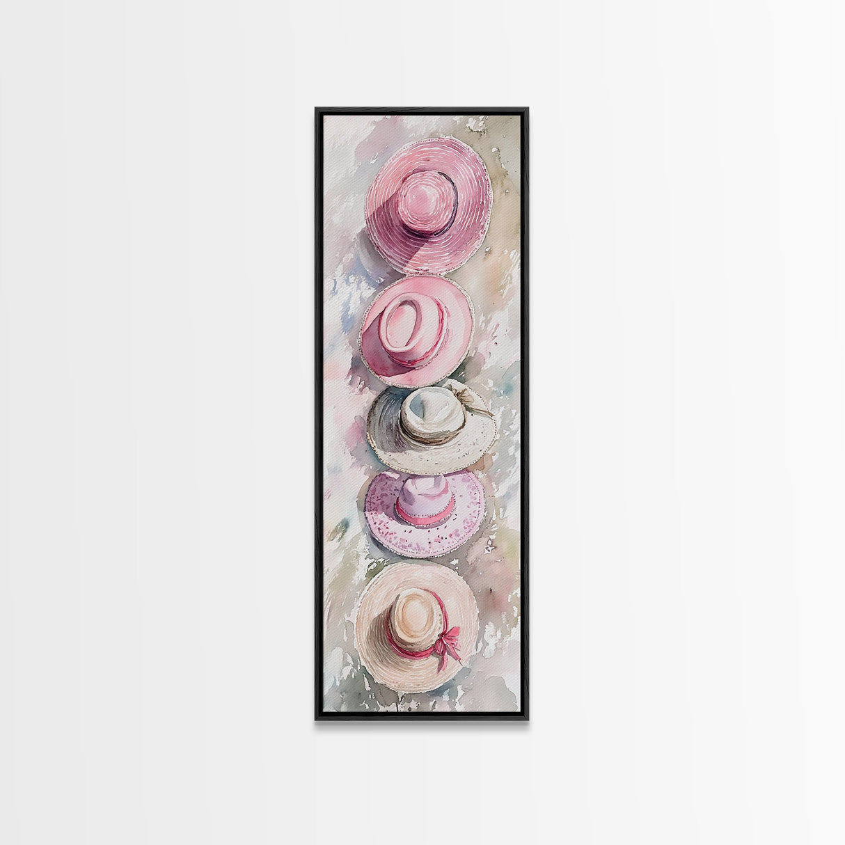 Summer Hats Canvas Print, coastal cowgirl wall art with pastel pink and beige hat patterns, rustic vertical wall art for living spaces.