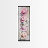 Summer Hats Canvas Print, coastal cowgirl wall art with pastel pink and beige hat patterns, rustic vertical wall art for living spaces.