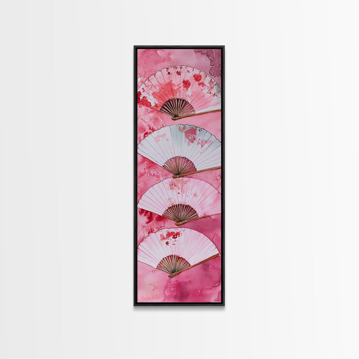 Elegant Fans Canvas Print - Chinoiserie Style Long Narrow Wall Art, Vintage-Inspired Pink Artwork, Skinny Vertical Painting