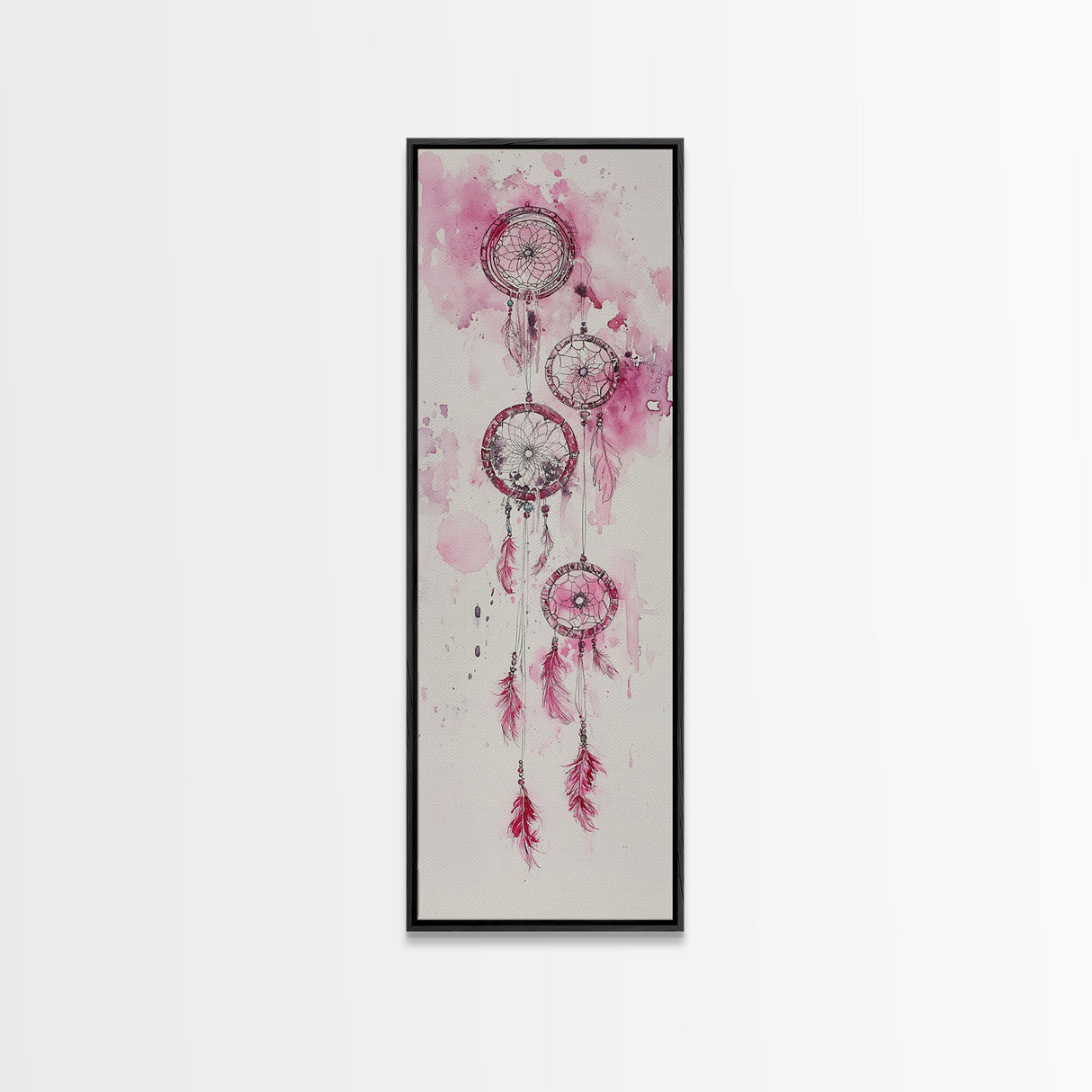 Dreamcatcher Pink Feathers Framed Canvas Print Boho Wall Art Minimalist Long Narrow Art Bedroom Decor Vertical Dorm Wall Art