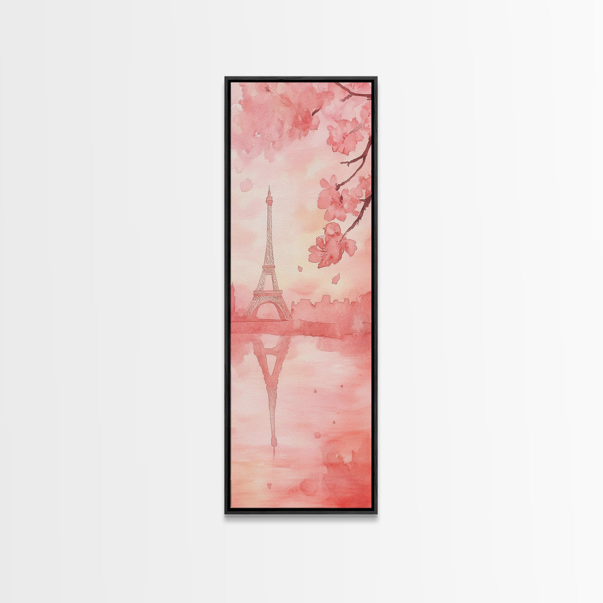 Eiffel Tower Reflection Pink Cherry Blossom Canvas Print Paris Wall Art Romantic Landscape Long Narrow Above Bed Vertical Art
