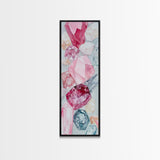Gemstone Watercolor Painting Framed Canvas Print, Whimsical Pink Abstract Wall Art, Geometric Skinny Vertical Bedroom Art