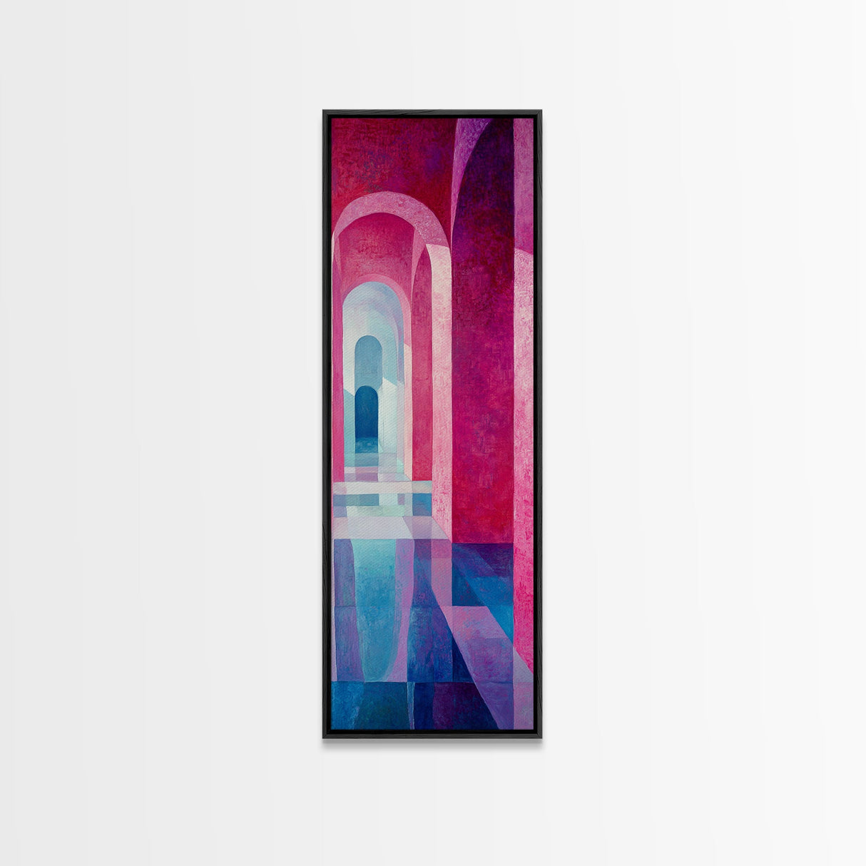 Geometric Archway Framed Canvas Print, Abstract Pink and Blue Whimsical Art, Skinny Vertical Wall Art for Modern Living Room Decor