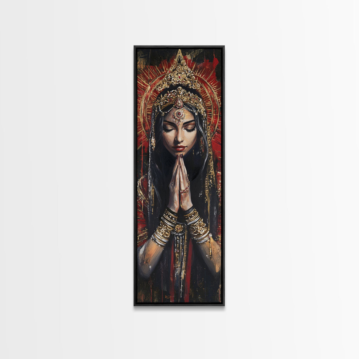 Goddess Prayer Painting Framed Canvas Print, Kerala Mural Art with Rich Red and Gold, Dark Angels Wall Art for Boho Bedroom Decor