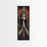 Goddess Prayer Painting Framed Canvas Print, Kerala Mural Art with Rich Red and Gold, Dark Angels Wall Art for Boho Bedroom Decor