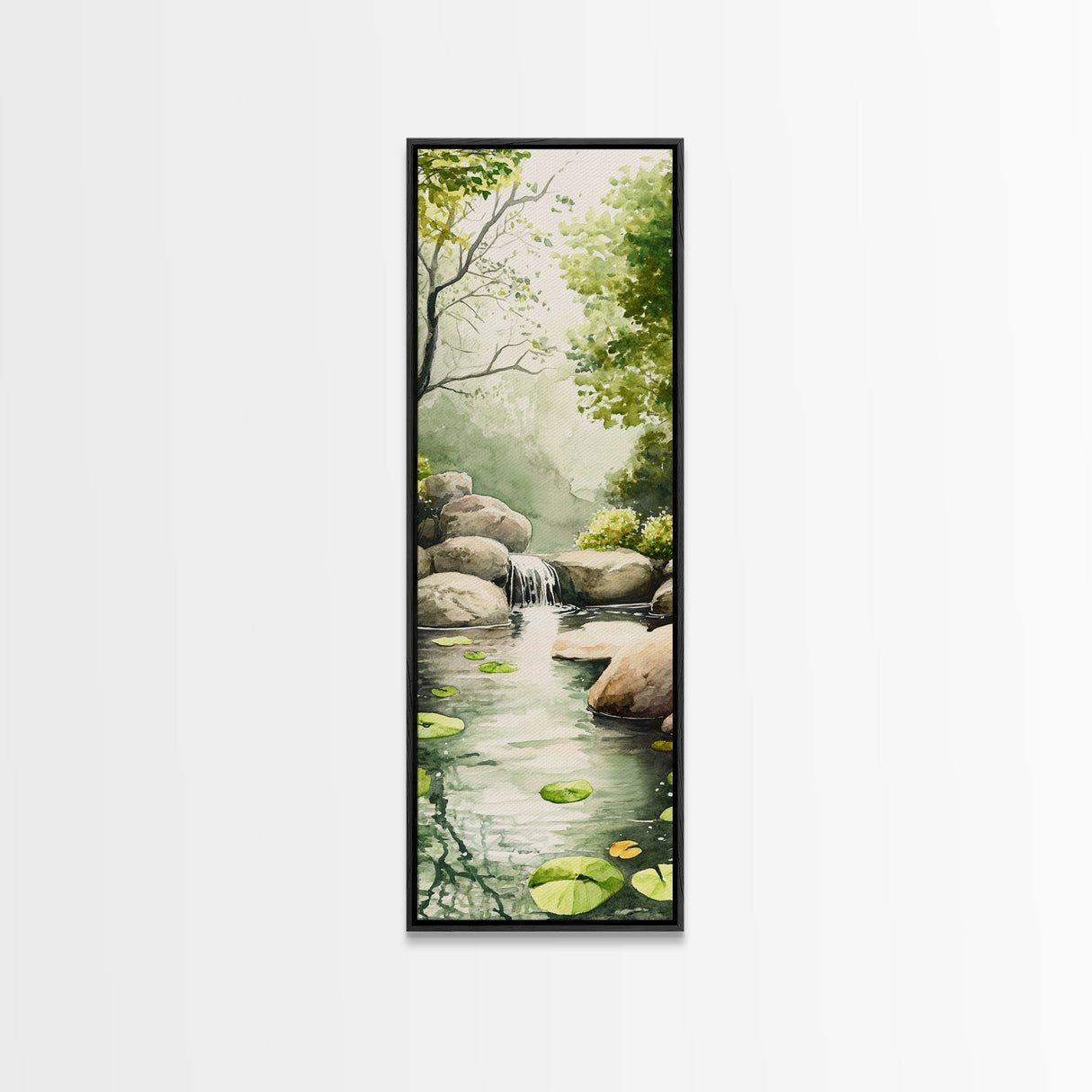 Tranquil Waterfall Scene Framed Canvas Print Green Wall Art Botanical Prints Vertical Landscape Art Above Bed Living Room Decor