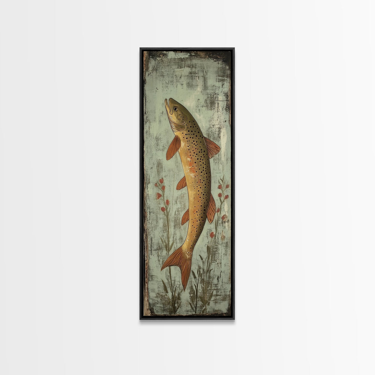 Trout Art Rustic Framed Canvas Print Skinny Vertical Art Fly Fishing Art Rustic Decor Tall Narrow Art Guest Room Wall Decor