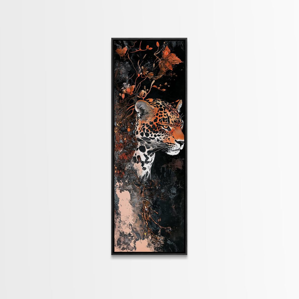 Floral and Leopard Canvas Print with Moody Art Style, Unique Animal Wall Art and Vertical Skinny Art Living Room Decor