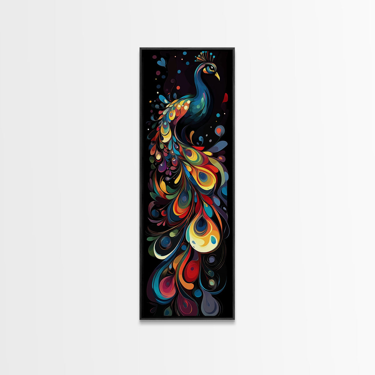 Dynamic Peacock Framed Canvas Print with Swirling Colors, Vibrant Bird Art Perfect Vertical Wall Art and Boho Home Decor Accent