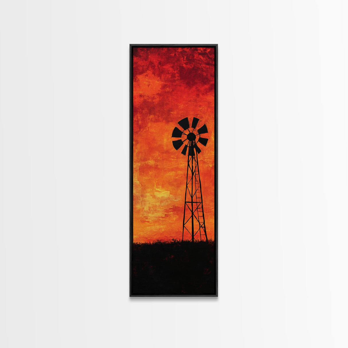 Rustic Windmill Framed Canvas Print, Southwest Farmhouse Decor, Moody Sunset Landscape Wall Art, Vertical Artwork for Bedroom