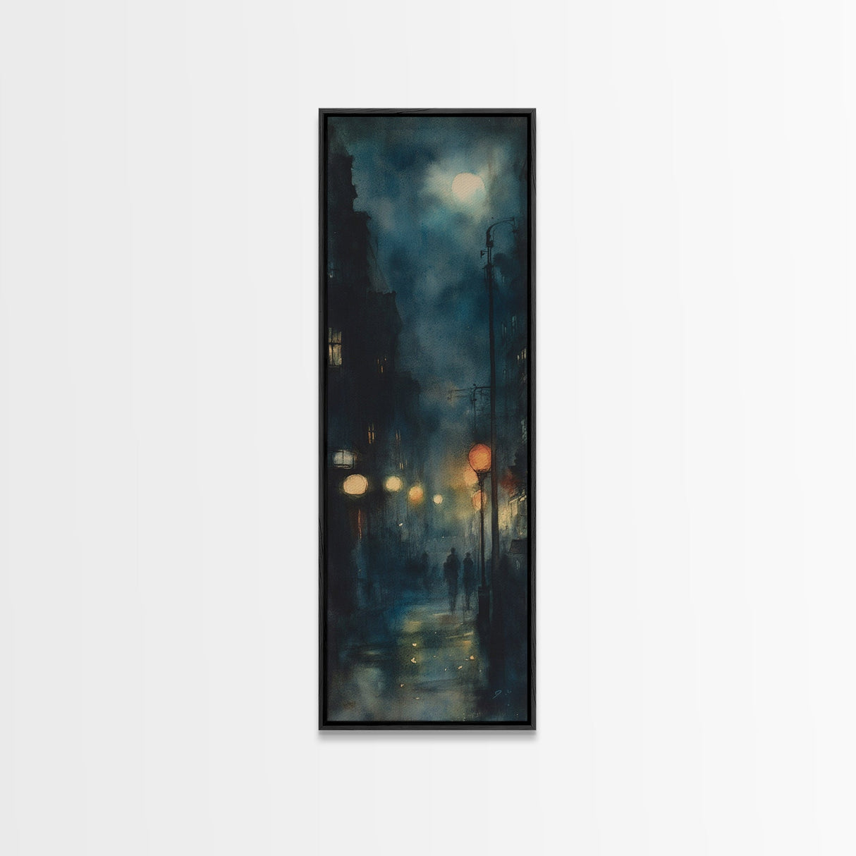 Moody Night Street Scene Framed Canvas Print | Vertical Wall Art | Moody Art | Living Room Art | Gift Idea Him | Urban Nightscape