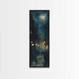 Moody Night Street Scene Framed Canvas Print | Vertical Wall Art | Moody Art | Living Room Art | Gift Idea Him | Urban Nightscape