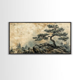 Pine Tree on Rocks Canvas Print Rustic Wall Art Wabi Sabi Minimalist Artwork Zen Art Bedroom Decor Horizontal Landscape Painting