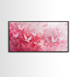 Origami Crane Flight Framed Canvas Print Featuring Pink Wall Art Whimsical Art Long Narrow Wall Art Minimalist Rustic Living Room Decor