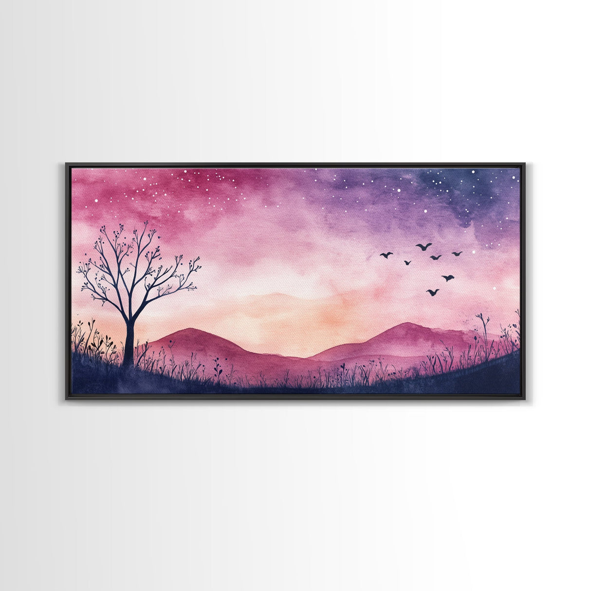 Twilight Meadow Framed Canvas Print, Whimsical Starry Night Art, Moody Nature Painting, Dreamy Purple Landscape, Wall Decor Gift Idea