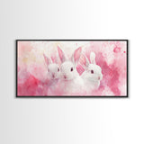 Three Bunnies Canvas Print, Adorable Pink Abstract Art Featuring Rabbits, Whimsical Nursery Wall Decor or Easter Themed Art