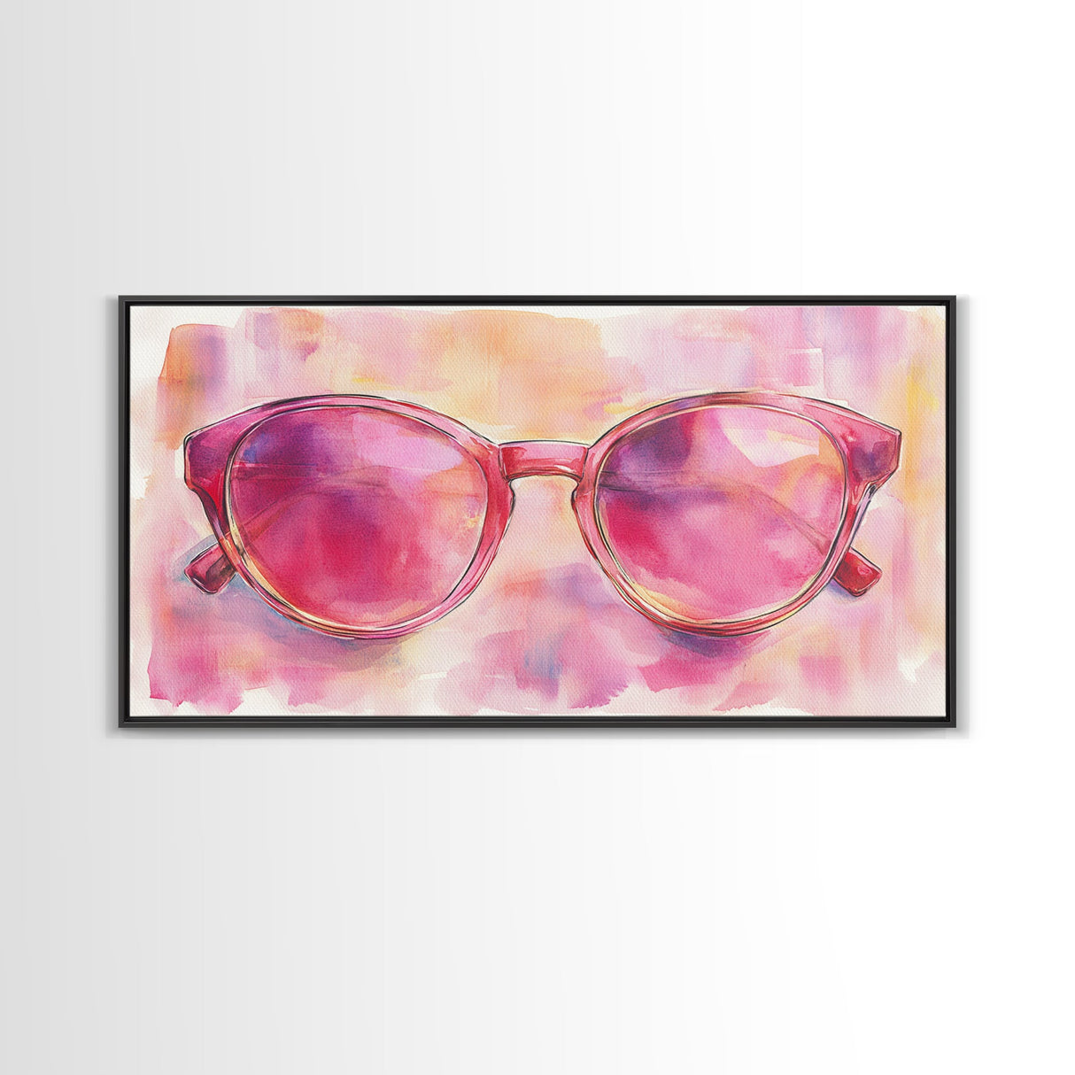 Pink Sunglasses Painting Framed Canvas Print, Whimsical Art Decor, Light Pink Wall Art, Retro Fashion Gift Idea, Original Artwork