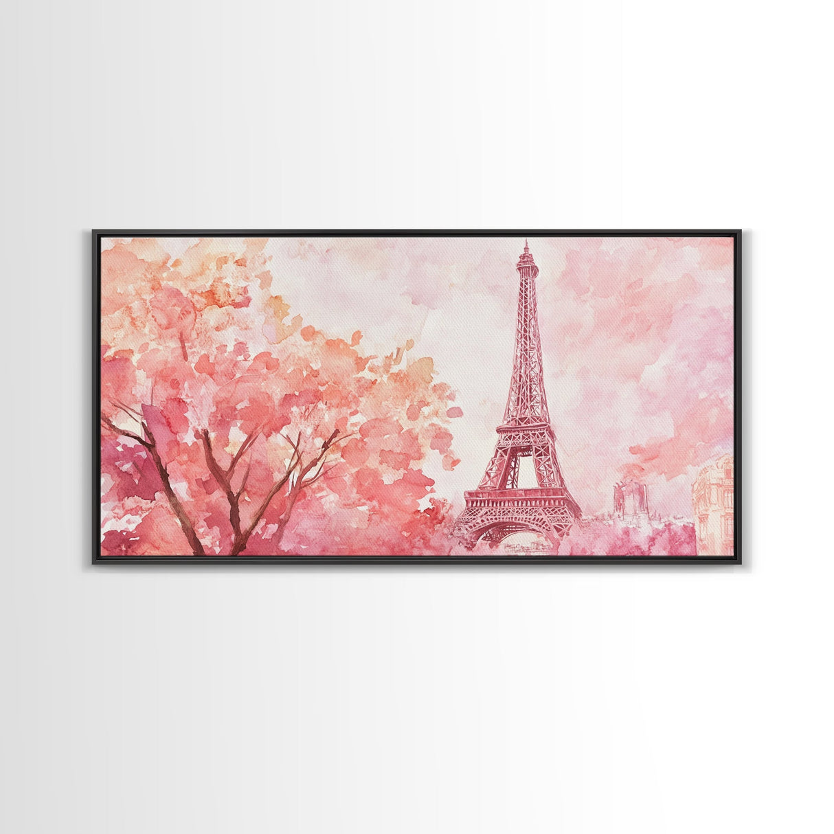 Eiffel Tower Cherry Blossom Canvas Print - Light Pink Wall Art Paris Landscape Romantic Living Room Art Bedroom Rustic Decor