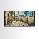 Mediterranean Village Mosaic Framed Canvas Print - Vibrant Coastal Landscape Art - Nautical Decor Living Room Rustic Wall Art