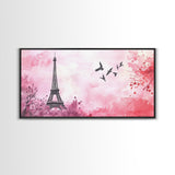 Eiffel Tower and Birds Canvas Print, Parisian Skyline Painting, Romantic Pink Wall Art, Whimsical French Decor, Guest Room Art