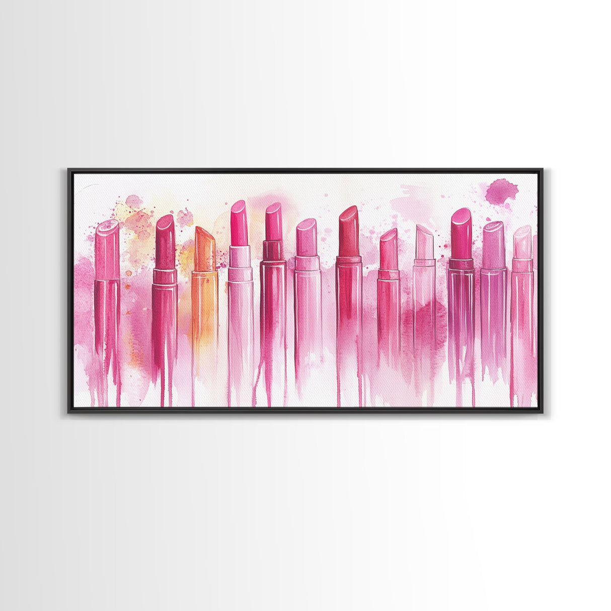 Assorted Lipstick Shades Illustration in Light Pink Wall Art on Canvas Print, Makeup Lover's Room or Vanity Decor Idea