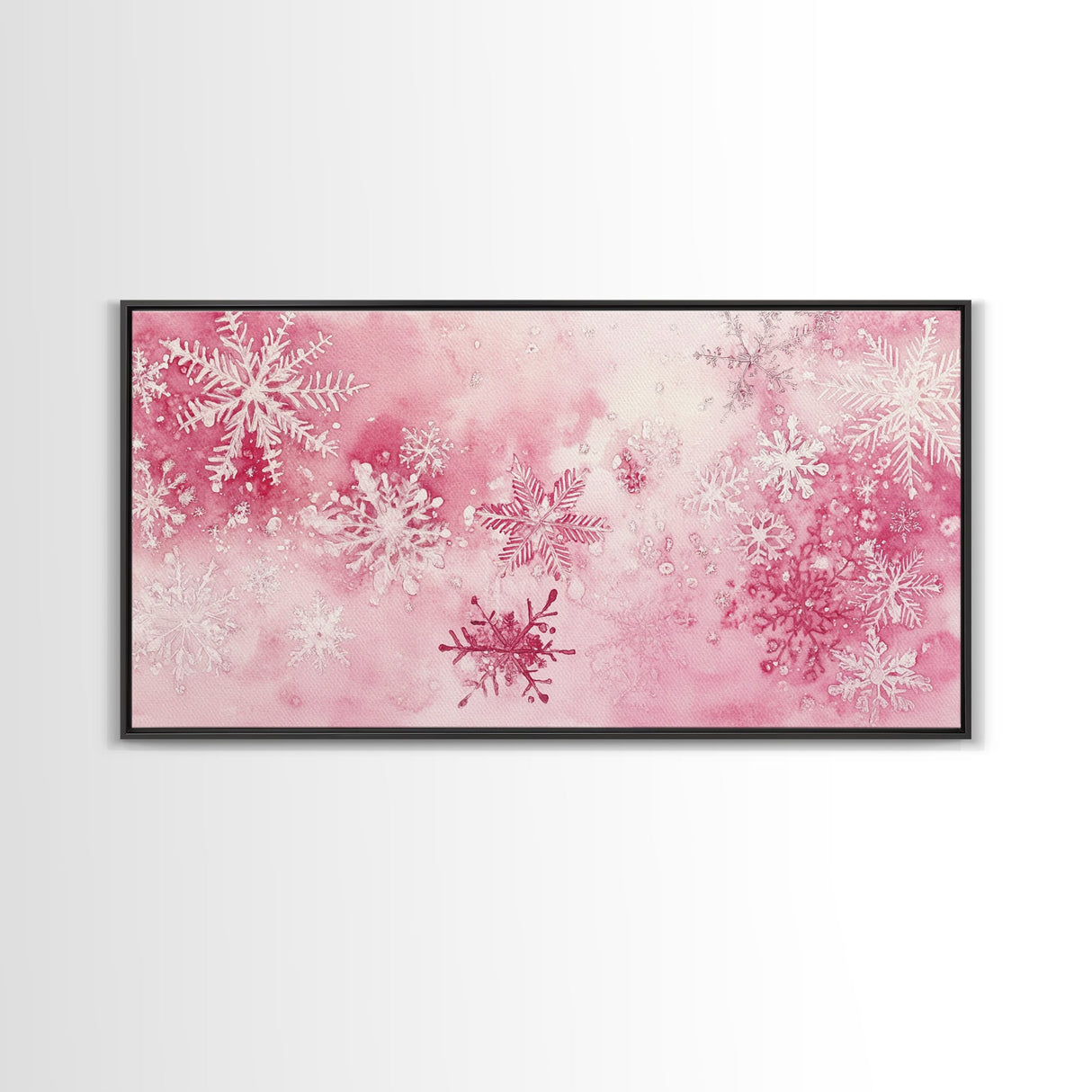 Winter Snowflake Motif with Pink Christmas Wall Art Aesthetic on Framed Canvas Print, Holiday Living Room or Bedroom Decor