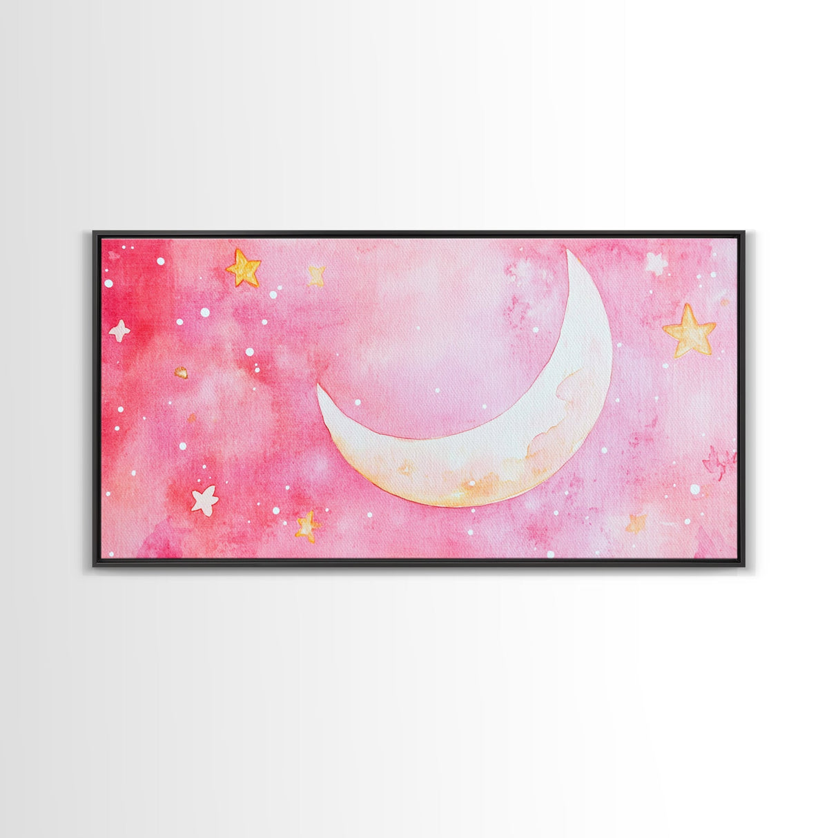 Crescent Moon and Stars Design in Pink Wall Art Style on Framed Canvas Print, Nursery or Bedroom Light Pink Whimsical Art