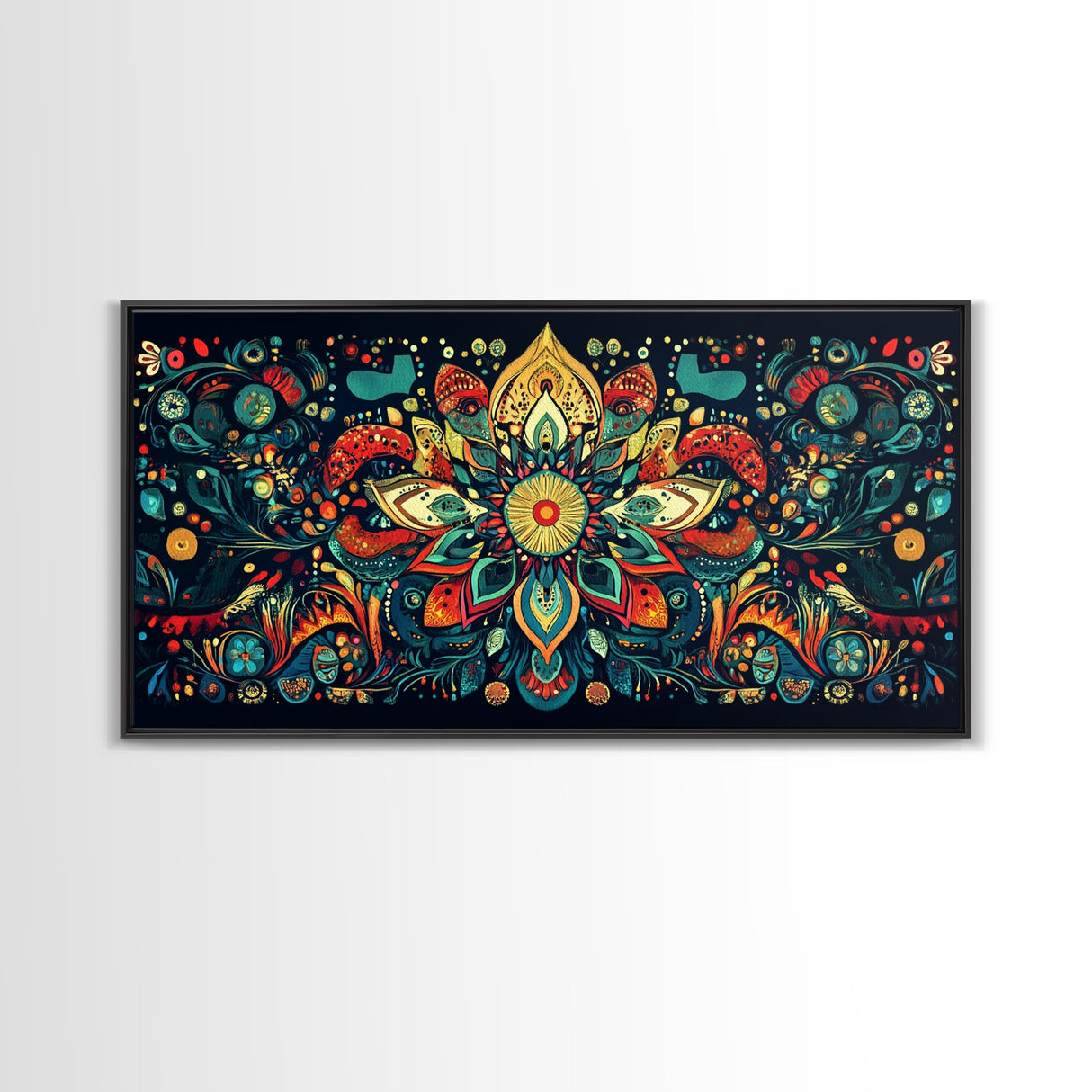 Elaborate Mandala Framed Canvas Print, Vibrant Boho Art, Spiritual Zen Wall Art, Geometric Ethereal Painting, Colorful Sacred Geometry