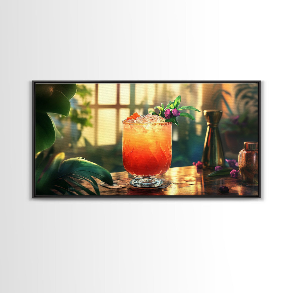 Tropical Sunset Cocktail Canvas Print, Vibrant Kitchen Wall Art, Foodie Home Decor, Botanical Drink Painting, Dining Room Cocktail Art