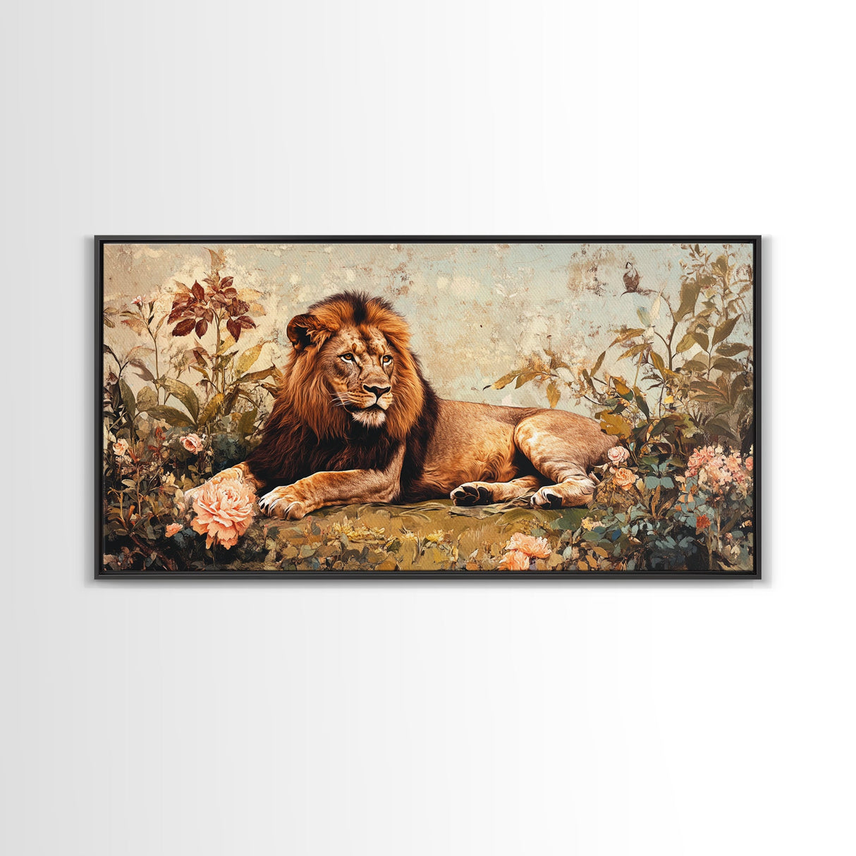 Regal Lion in Wildflowers Framed Canvas Print, Safari Wildlife Painting, African Rustic Wall Art, Boho Nature Decor, Animal Kingdom Art